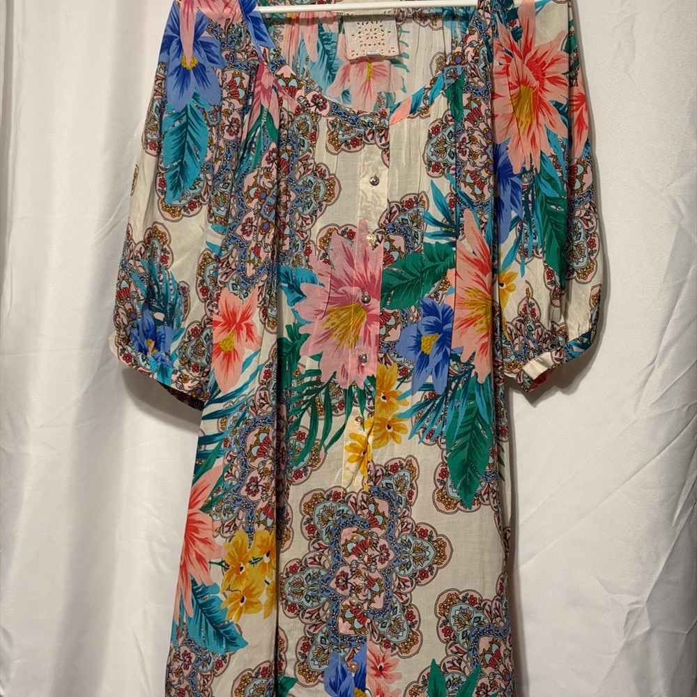 Johnny Was Cream Floral Midi Dress with Pink, Blue & Yellow Blooms